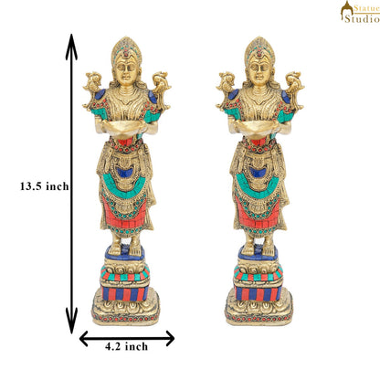 Brass Deeplakshmi Pair Statue For Home Puja Room Diwali Décor Idol Showpiece 13" by vendor-unknown - Decor (View 7)