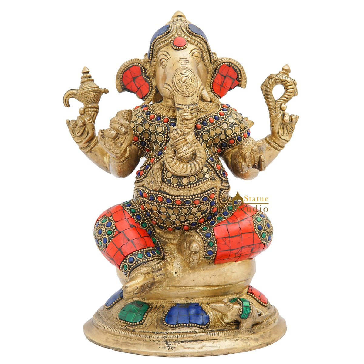 Brass Ganesha Statue On Base Sitting Idol Home Office Diwali Room Décor 9"