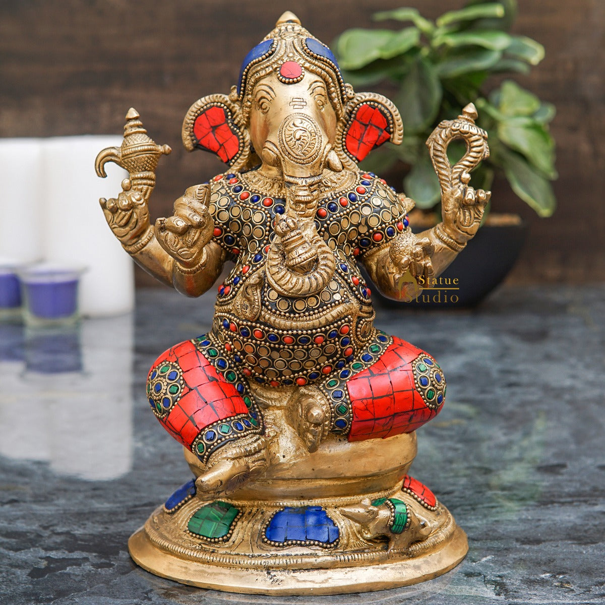 Brass Ganesha Statue On Base Sitting Idol Home Office Diwali Room Décor 9" - Eco-friendly - Sama Homes