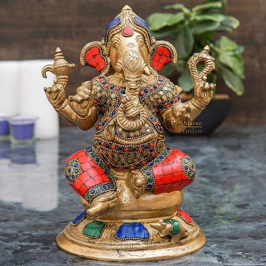 Brass Ganesha Statue On Base Sitting Idol Home Office Diwali Room Décor 9"