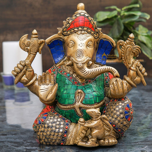 Brass Ganesha Statue Sitting Idol Home Office Diwali Room Décor Showpiece 9"