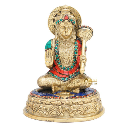 Brass Hanuman Statue With Stone Work 7 Inch by vendor-unknown - Hindu Gods (View 3)