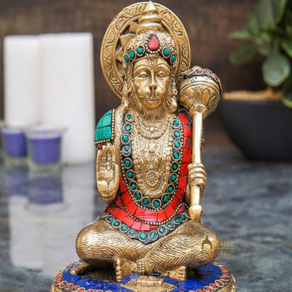 Brass Hanuman Statue With Stone Work 7 Inch by vendor-unknown - Hindu Gods (View 2)