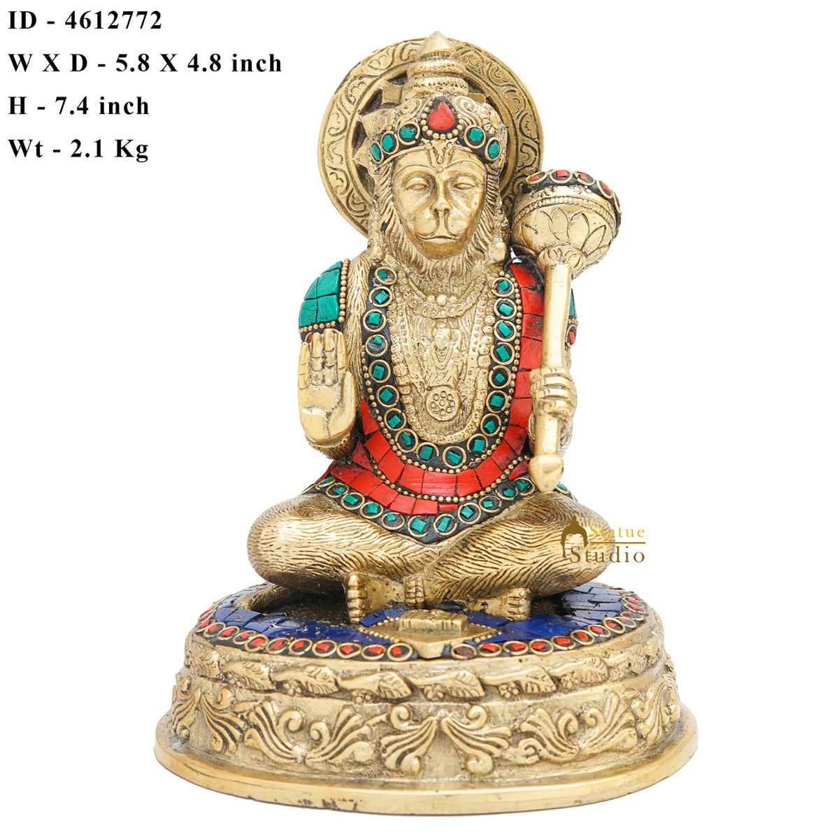 Brass Hanuman Statue With Stone Work 7 Inch - Image 7