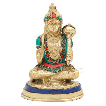 Brass Mahabali Hanuman Idol With Stone Work 7 Inch by vendor-unknown - Hindu Gods (View 3)