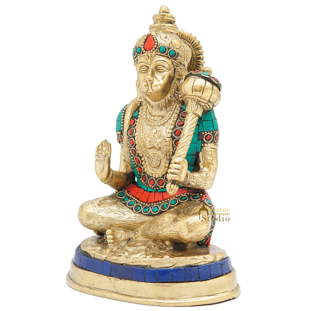 Brass Mahabali Hanuman Idol With Stone Work 7 Inch - Image 4