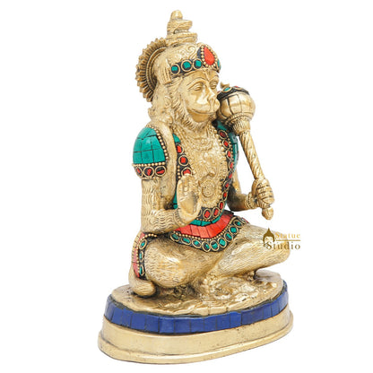 Brass Mahabali Hanuman Idol With Stone Work 7 Inch by vendor-unknown - Hindu Gods (View 5)