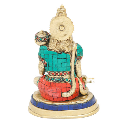 Brass Mahabali Hanuman Idol With Stone Work 7 Inch by vendor-unknown - Hindu Gods (View 6)
