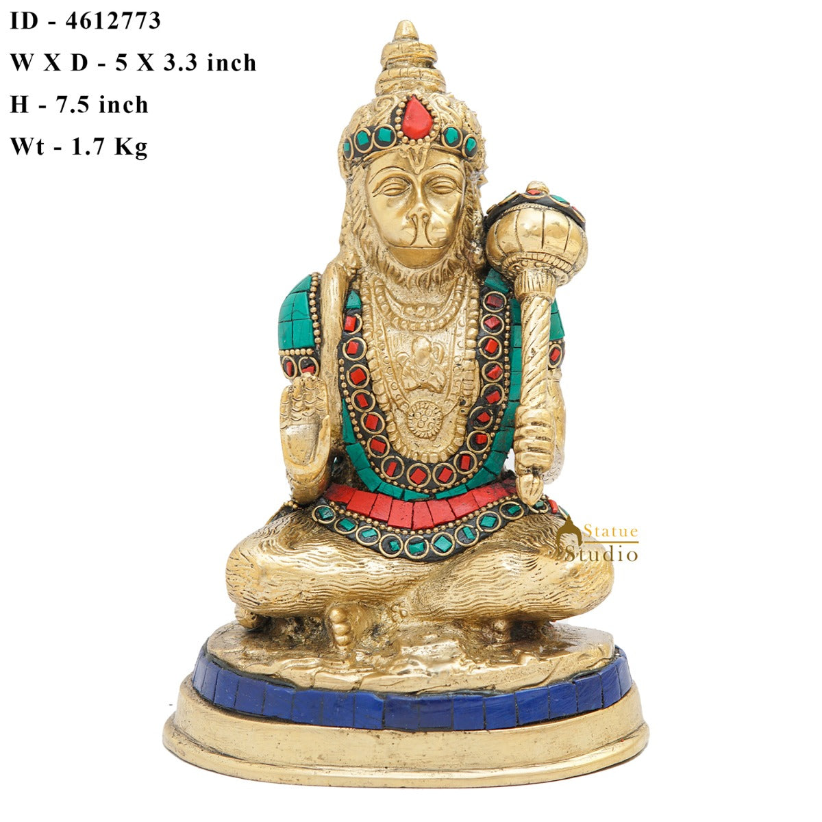 Brass Mahabali Hanuman Idol With Stone Work 7 Inch