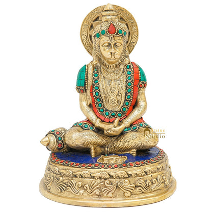 Brass Sitting Hanuman Idol With Stone Work 7 Inch by vendor-unknown - Hindu Gods (View 3)