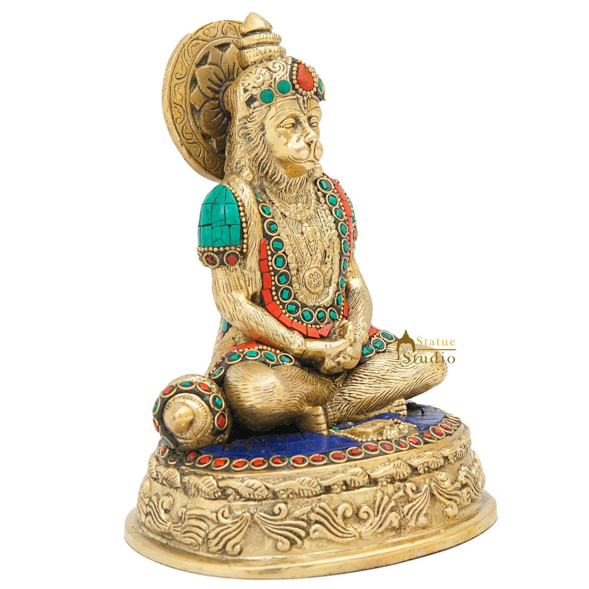 Brass Sitting Hanuman Idol With Stone Work 7 Inch - Image 5