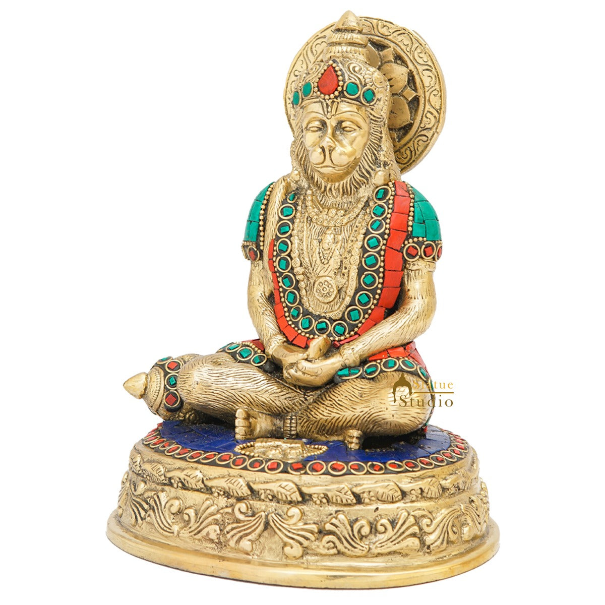 Brass Sitting Hanuman Idol With Stone Work 7 Inch - Image 4