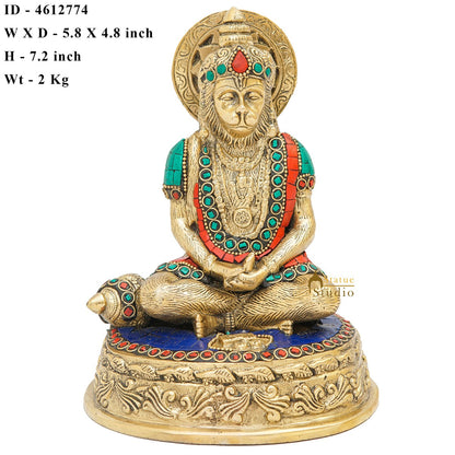Brass Sitting Hanuman Idol With Stone Work 7 Inch by vendor-unknown - Hindu Gods (View 7)
