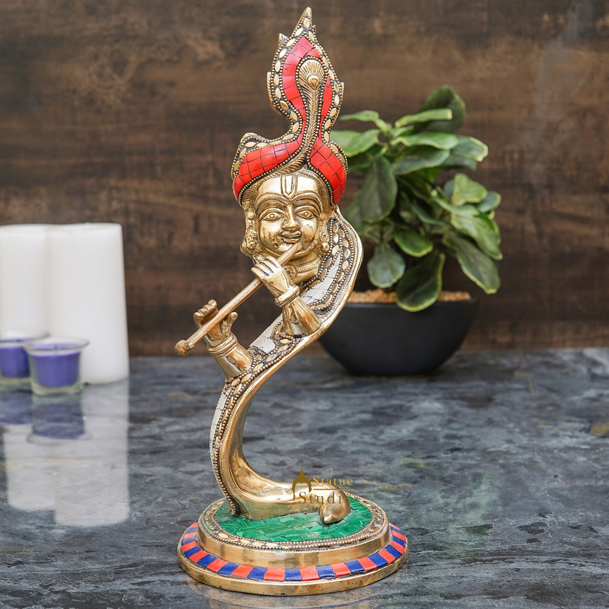 Brass Designer Krishna Face Idol Home Office Diwali Décor Gift Showpiece 13" - Eco-friendly - Sama Homes
