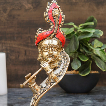 Brass Designer Krishna Face Idol Home Office Diwali Décor Gift Showpiece 13" by vendor-unknown - Hindu Gods (View 2)