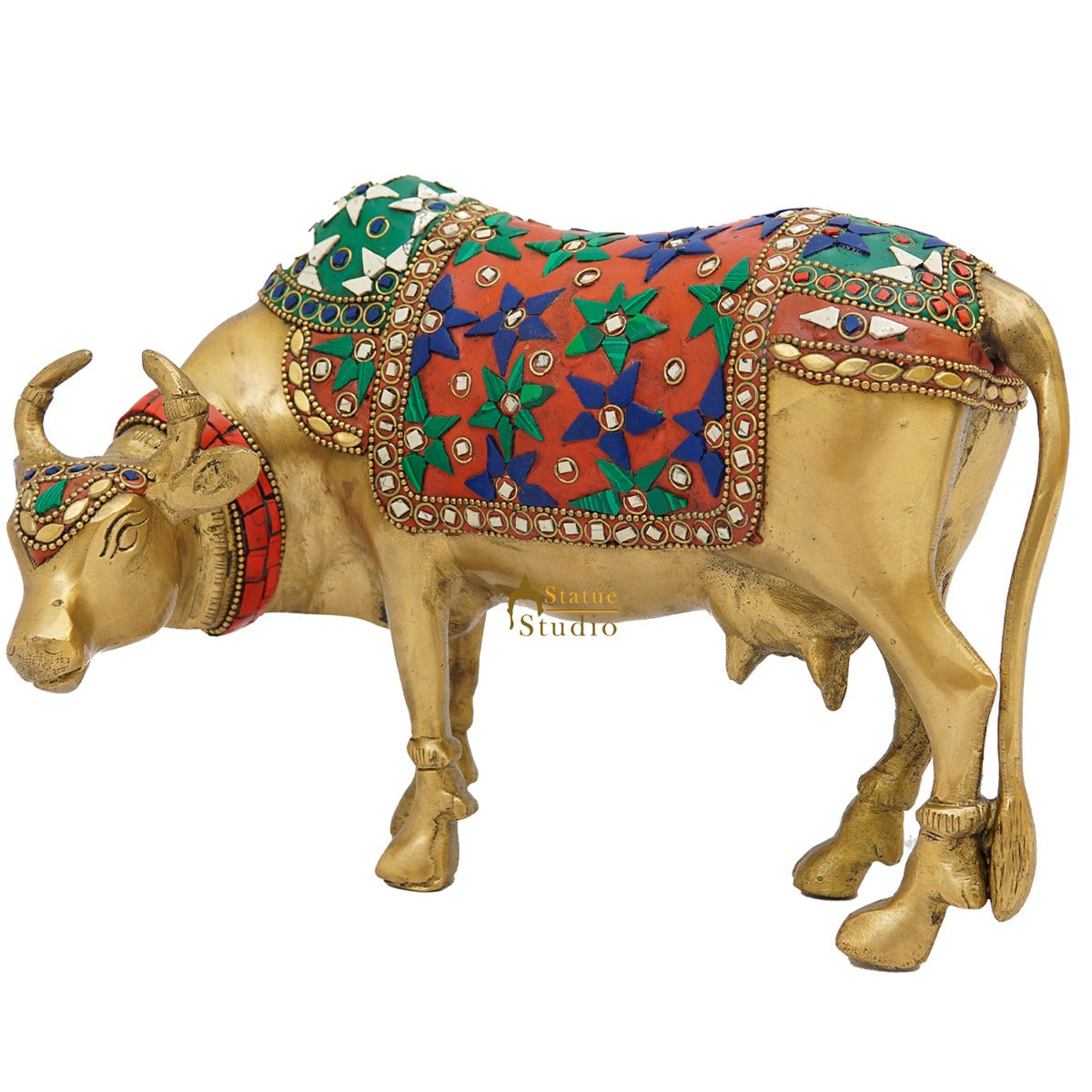 Brass Holy Cow Idol Home Temple Pooja Room Décor Diwali Wedding Gift Statue 7"