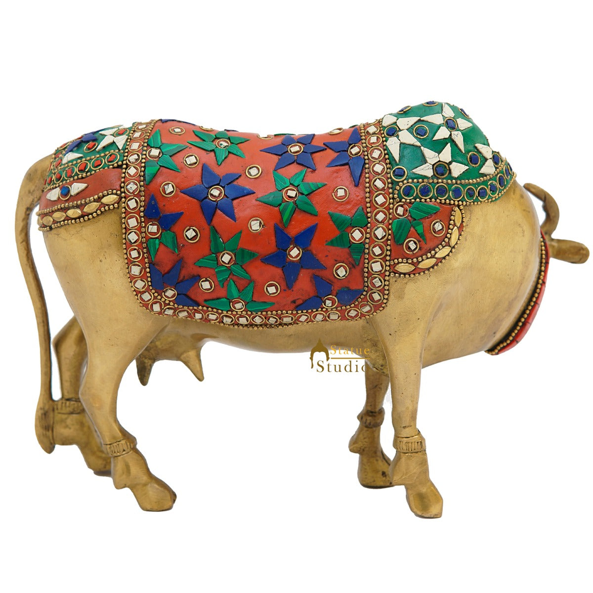 Brass Holy Cow Idol Home Temple Pooja Room Décor Diwali Wedding Gift Statue 7"