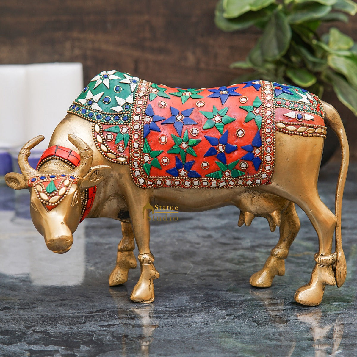 Brass Holy Cow Idol Home Temple Pooja Room Décor Diwali Wedding Gift Statue 7" - Eco-friendly - Sama Homes