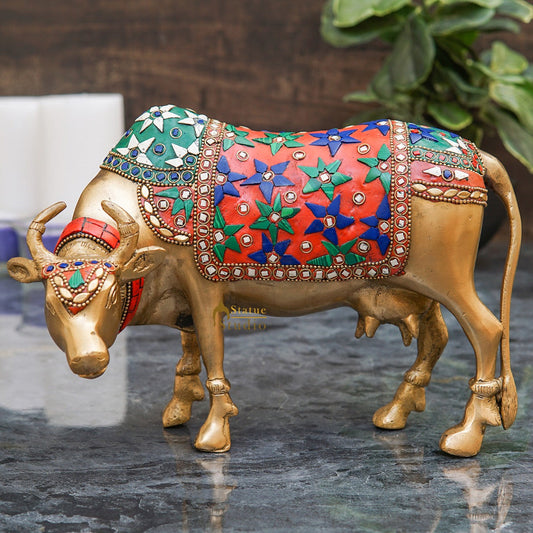 Brass Holy Cow Idol Home Temple Pooja Room Décor Diwali Wedding Gift Statue 7"