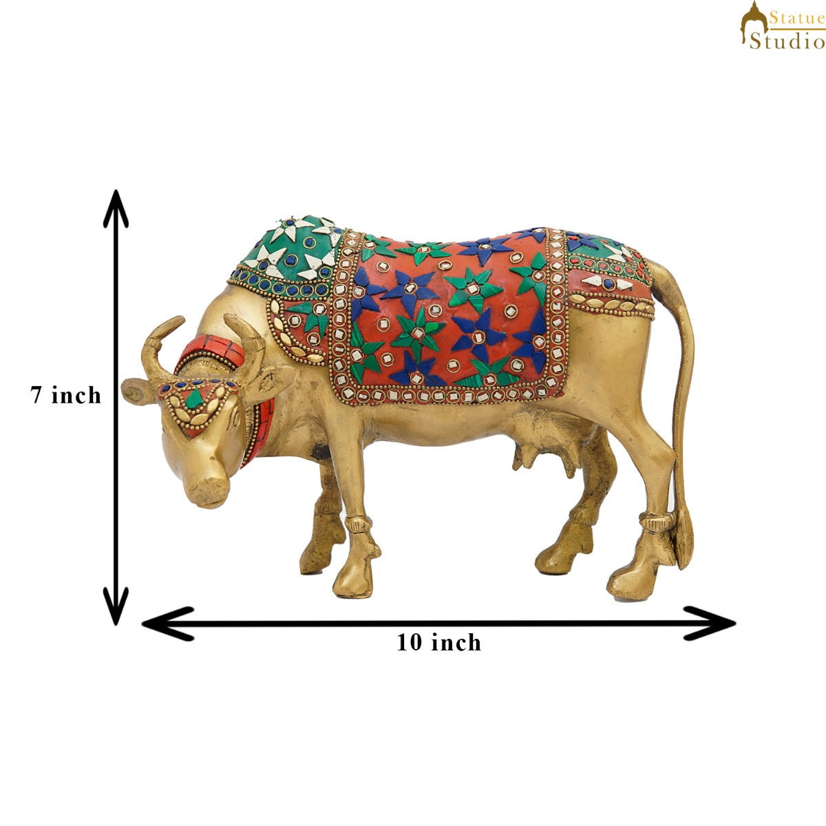 Brass Holy Cow Idol Home Temple Pooja Room Décor Diwali Wedding Gift Statue 7"