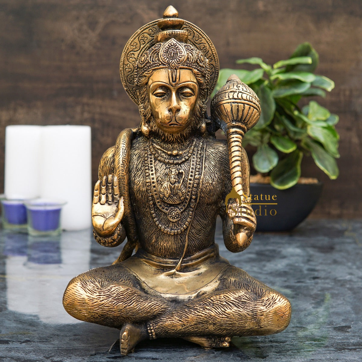 Brass Hanuman Idol Home Office Pooja Room Decor Gift Statue 11 Inch - Eco-friendly - Sama Homes