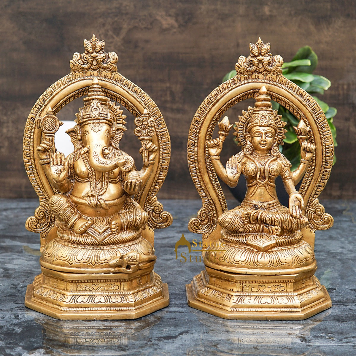 Brass Antique Ganesha Lakshmi Idol 11"
