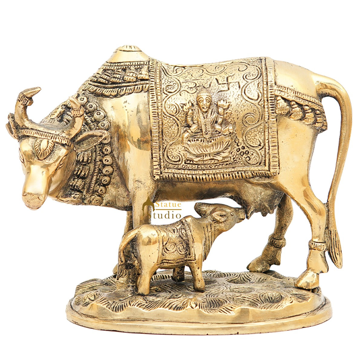 Brass Cow With Calf Idol Lakshmi Ji Engraved Home Pooja Room Décor Showpiece 6.5" - Image 3