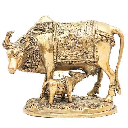Brass Cow With Calf Idol Lakshmi Ji Engraved Home Pooja Room Décor Showpiece 6.5" by vendor-unknown - Spiritual (View 3)