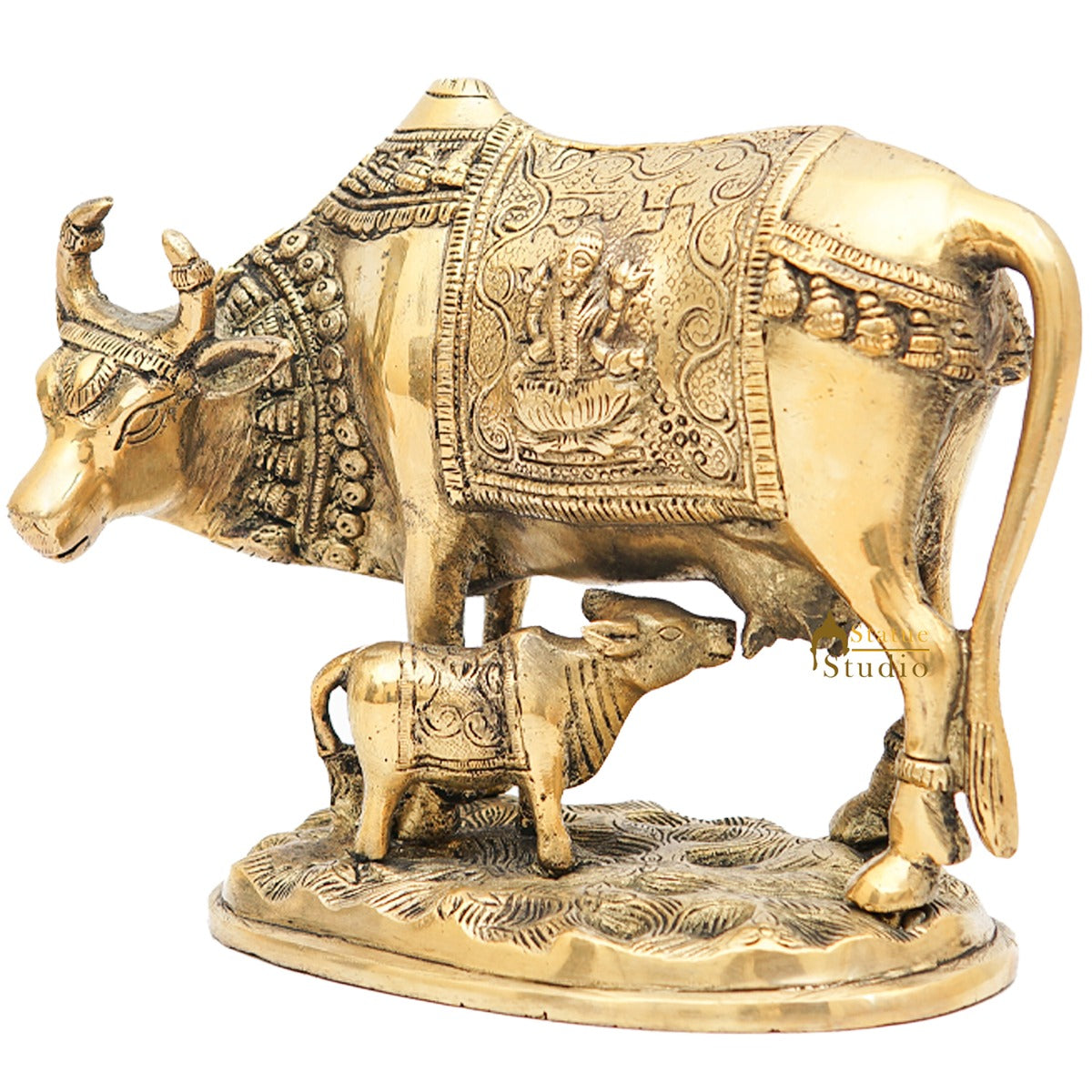 Brass Cow With Calf Idol Lakshmi Ji Engraved Home Pooja Room Décor Showpiece 6.5"