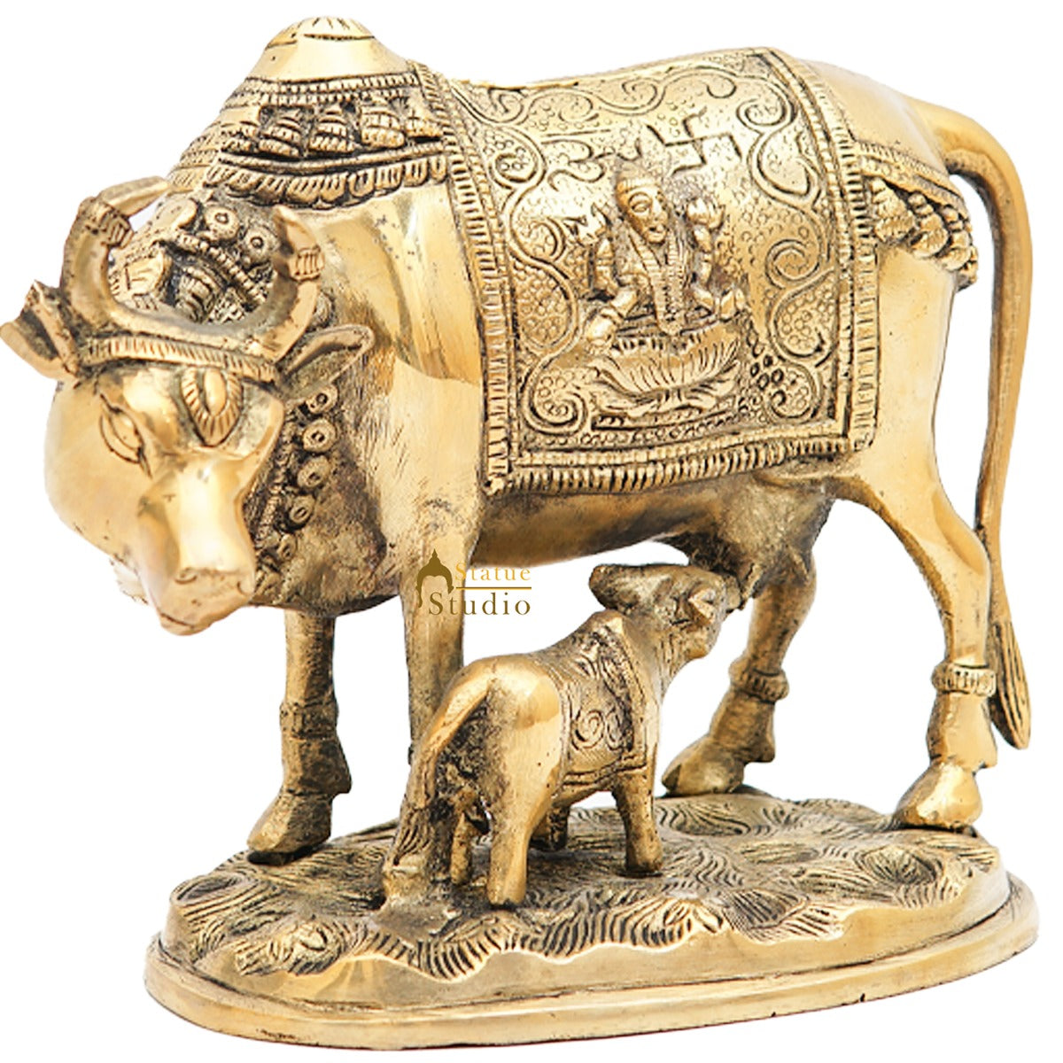 Brass Cow With Calf Idol Lakshmi Ji Engraved Home Pooja Room Décor Showpiece 6.5"