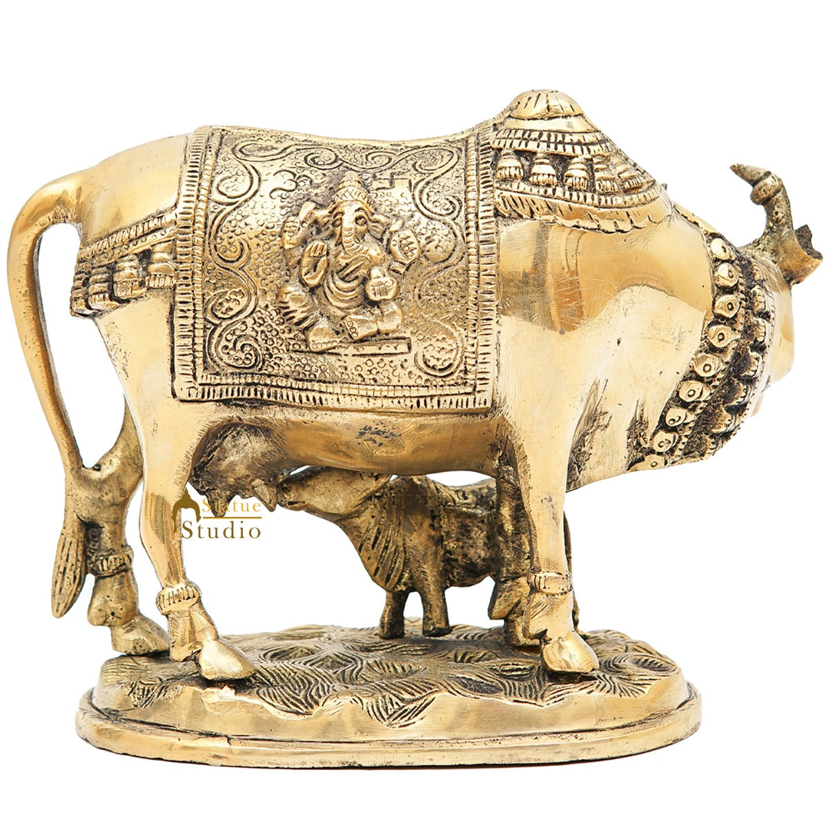 Brass Cow With Calf Idol Lakshmi Ji Engraved Home Pooja Room Décor Showpiece 6.5"