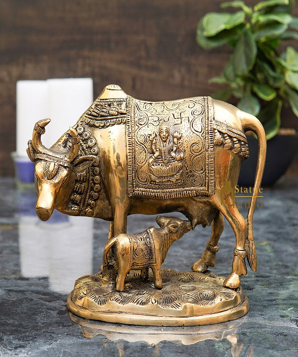 Brass Cow With Calf Idol Lakshmi Ji Engraved Home Pooja Room Décor Showpiece 6.5"