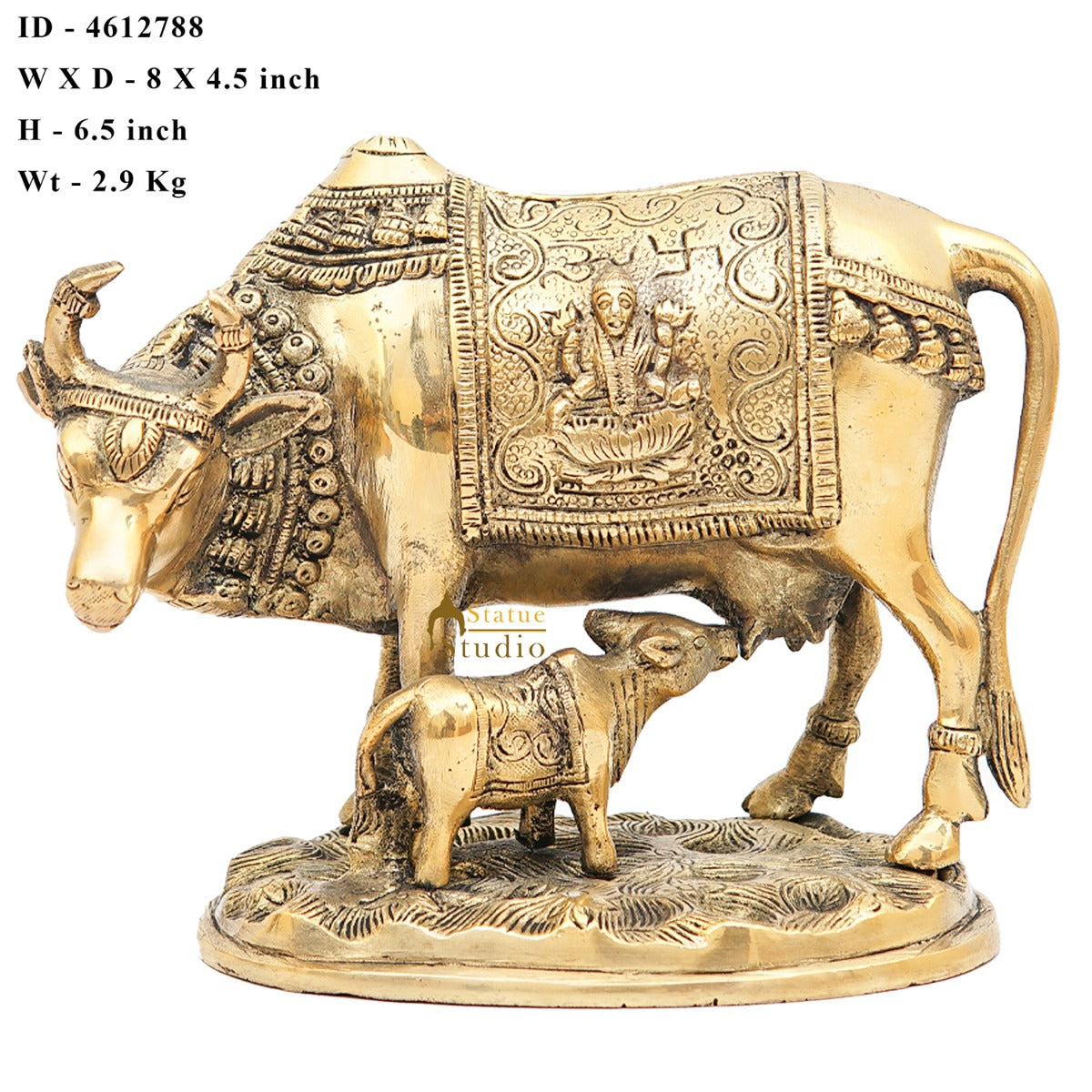 Brass Cow With Calf Idol Lakshmi Ji Engraved Home Pooja Room Décor Showpiece 6.5"