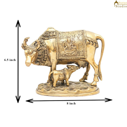 Brass Cow With Calf Idol Lakshmi Ji Engraved Home Pooja Room Décor Showpiece 6.5" by vendor-unknown - Spiritual (View 7)