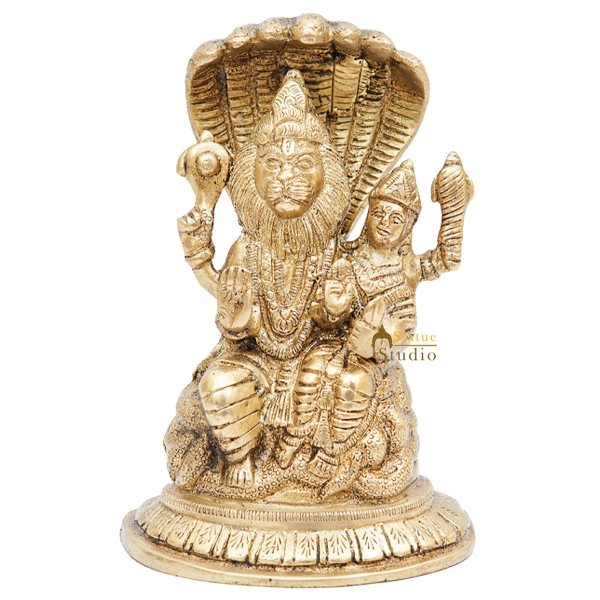 Brass Narsingh Laxmi Idol Under Serpent Religious Lucky Décor Statue 7" - Image 3