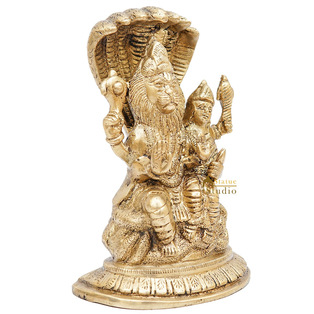 Brass Narsingh Laxmi Idol Under Serpent Religious Lucky Décor Statue 7"