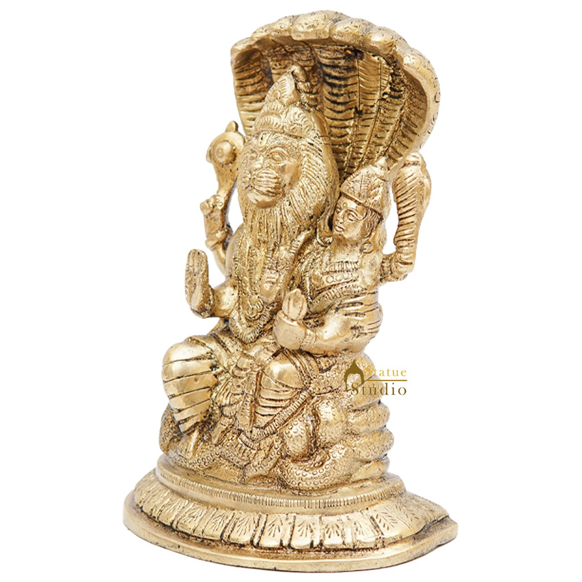 Brass Narsingh Laxmi Idol Under Serpent Religious Lucky Décor Statue 7" - Image 5