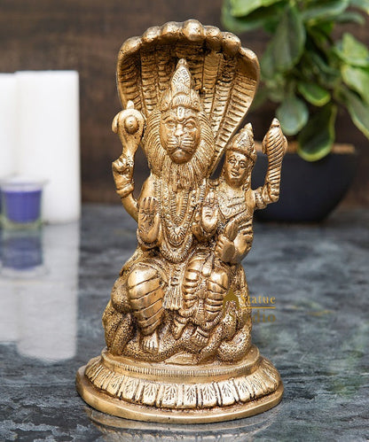 Brass Narsingh Laxmi Idol Under Serpent Religious Lucky Décor Statue 7" by vendor-unknown - Hindu Gods (View 2)