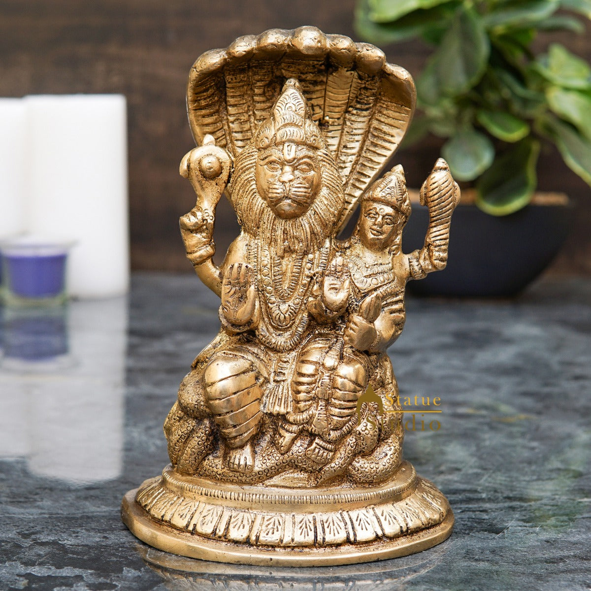 Brass Narsingh Laxmi Idol Under Serpent Religious Lucky Décor Statue 7" - Eco-friendly - Sama Homes
