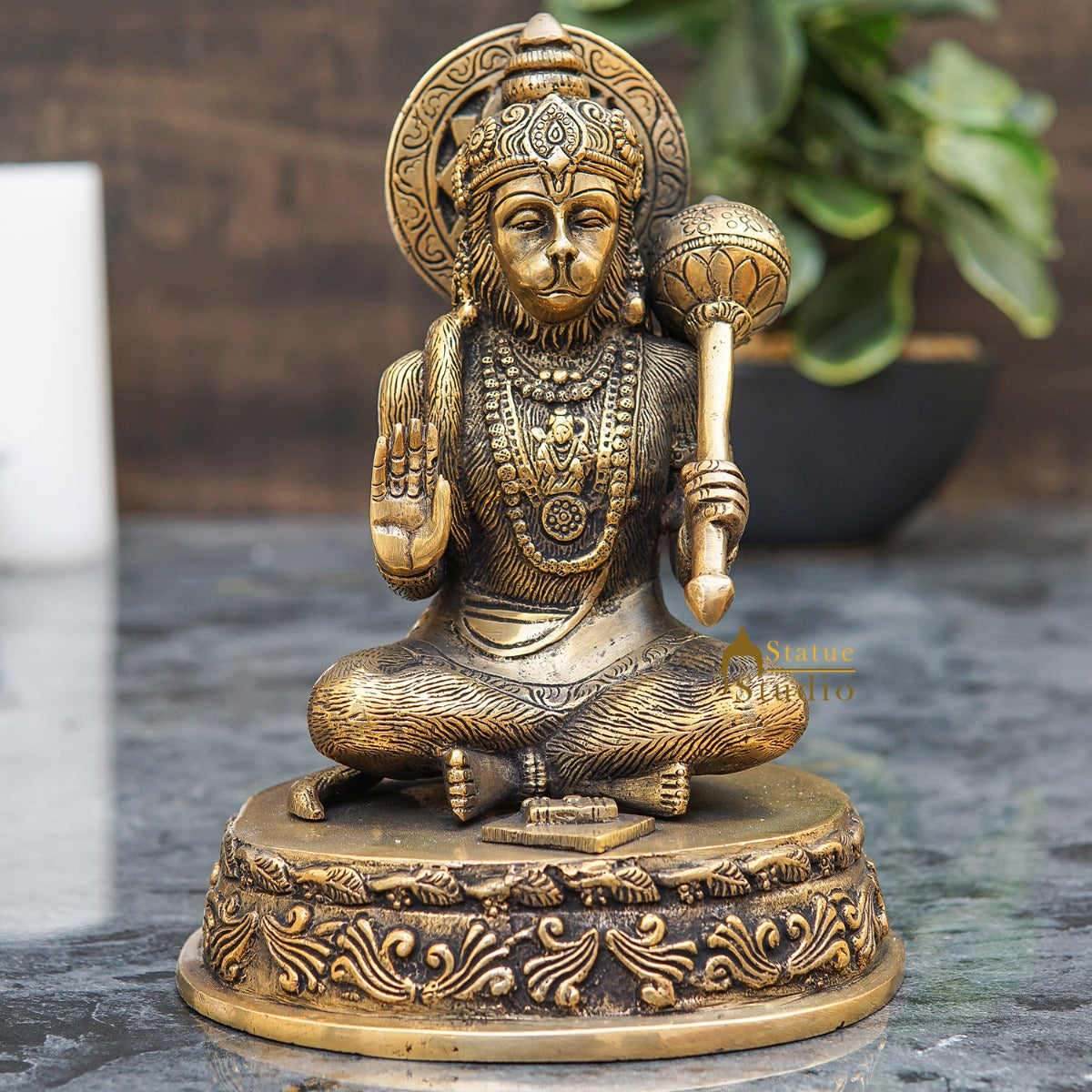 Brass Blessing Hanuman Idol Antique Finish 7 Inch - Eco-friendly - Sama Homes