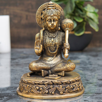 Brass Blessing Hanuman Idol Antique Finish 7 Inch by vendor-unknown - Hindu Gods