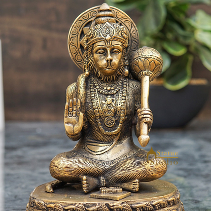 Brass Blessing Hanuman Idol Antique Finish 7 Inch by vendor-unknown - Hindu Gods (View 2)