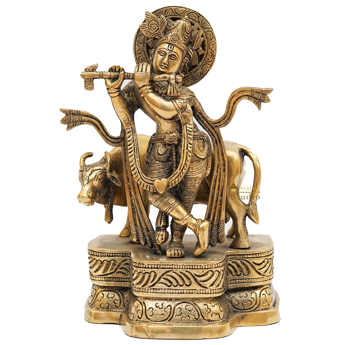 Brass Antique Krishna With Cow Idol For Home Office Desk Table Décor Gift Statue 9" - Image 3