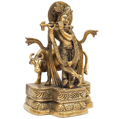 Brass Antique Krishna With Cow Idol For Home Office Desk Table Décor Gift Statue 9" by vendor-unknown - Hindu Gods (View 4)