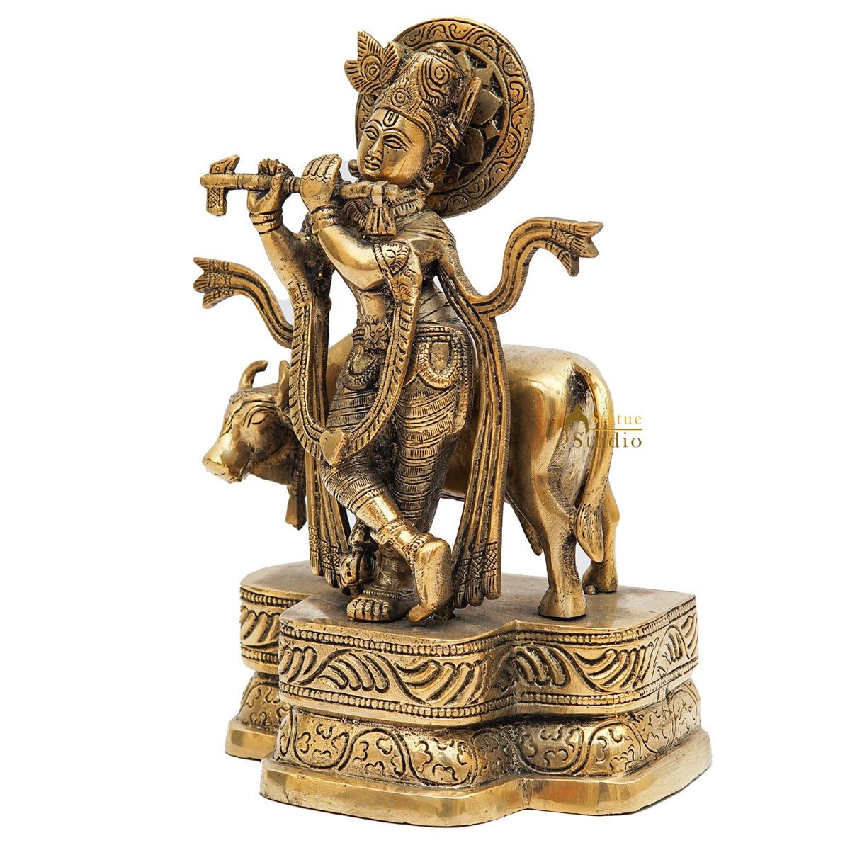 Brass Antique Krishna With Cow Idol For Home Office Desk Table Décor Gift Statue 9" - Image 5