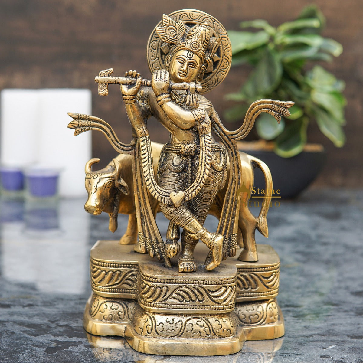 Brass Antique Krishna With Cow Idol For Home Office Desk Table Décor Gift Statue 9"