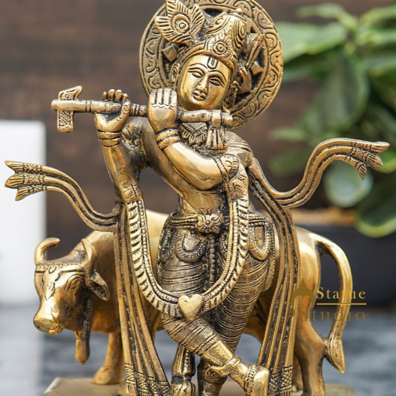 Brass Antique Krishna With Cow Idol For Home Office Desk Table Décor Gift Statue 9" - Image 2