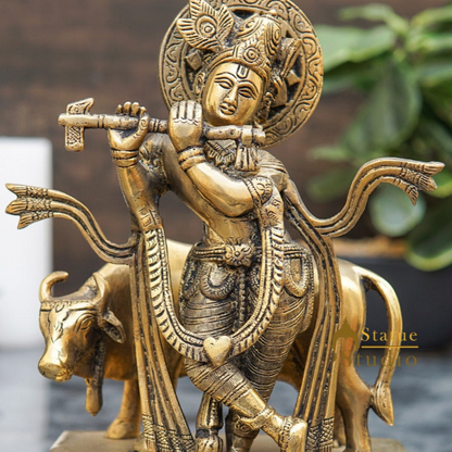 Brass Antique Krishna With Cow Idol For Home Office Desk Table Décor Gift Statue 9" by vendor-unknown - Hindu Gods (View 2)