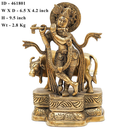 Brass Antique Krishna With Cow Idol For Home Office Desk Table Décor Gift Statue 9" by vendor-unknown - Hindu Gods (View 6)