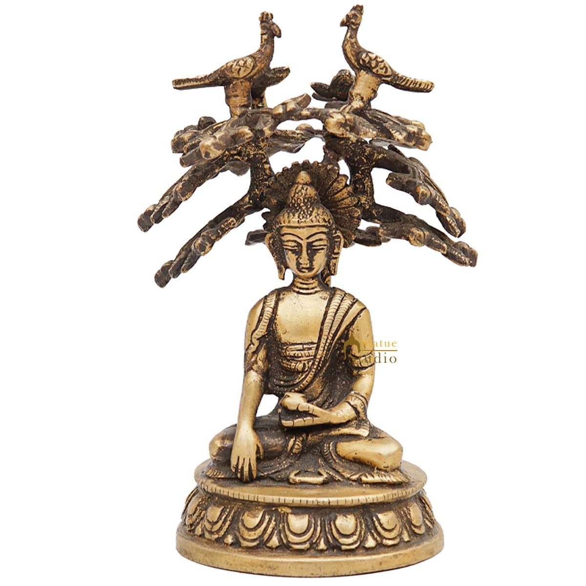 Brass Antique Rare Buddha Statue Small Sitting Under Tree Gift Showpiece 6"